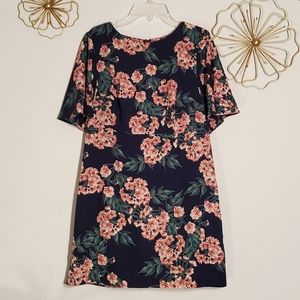 Forever 21 Navy Peach Floral Flutter Sleeve Dress